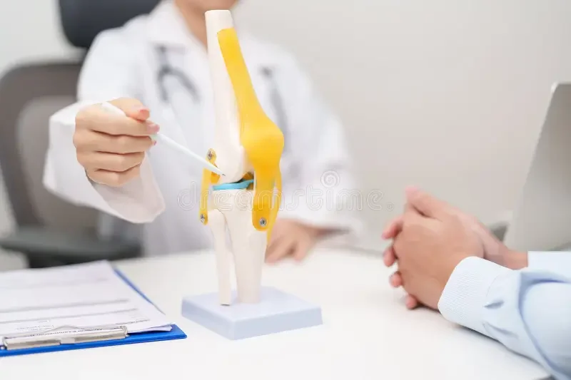 Modelo anatómico de una rodilla en una consulta médica cerca de una computadora y papeles.