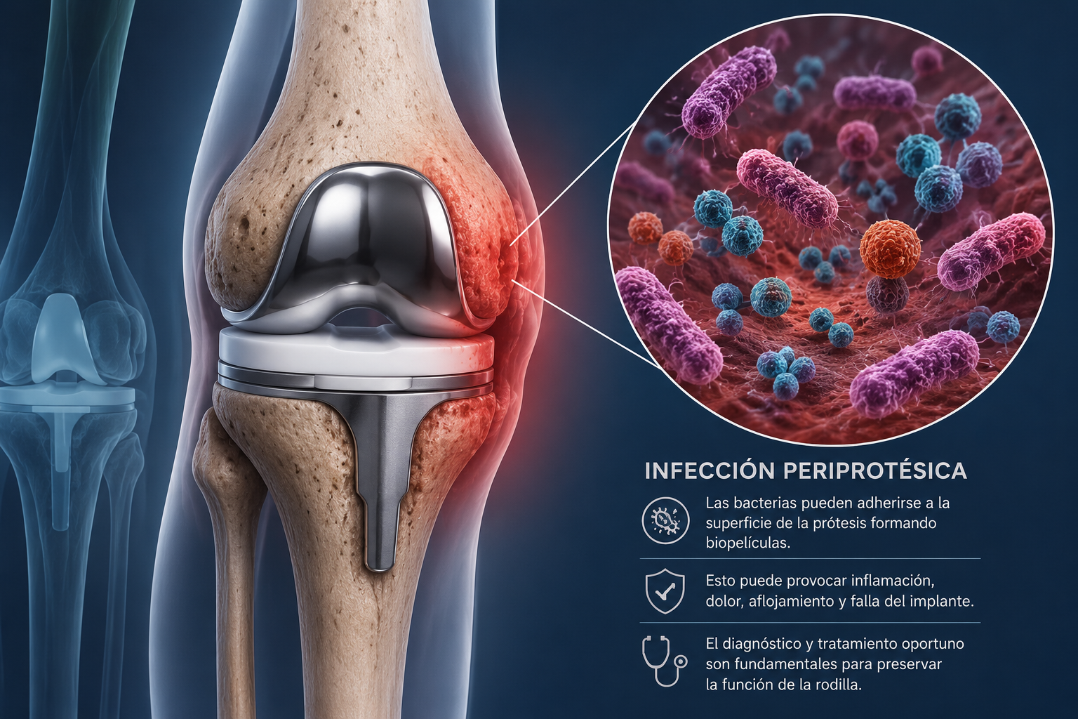 Ilustración de una rodilla con una prótesis y un zoom en bacterias que muestran una infección periprotésica, indicando la adhesión de bacterias a la superficie de la prótesis, lo que puede causar inflamación, dolor, hinchazón y falla del implante.