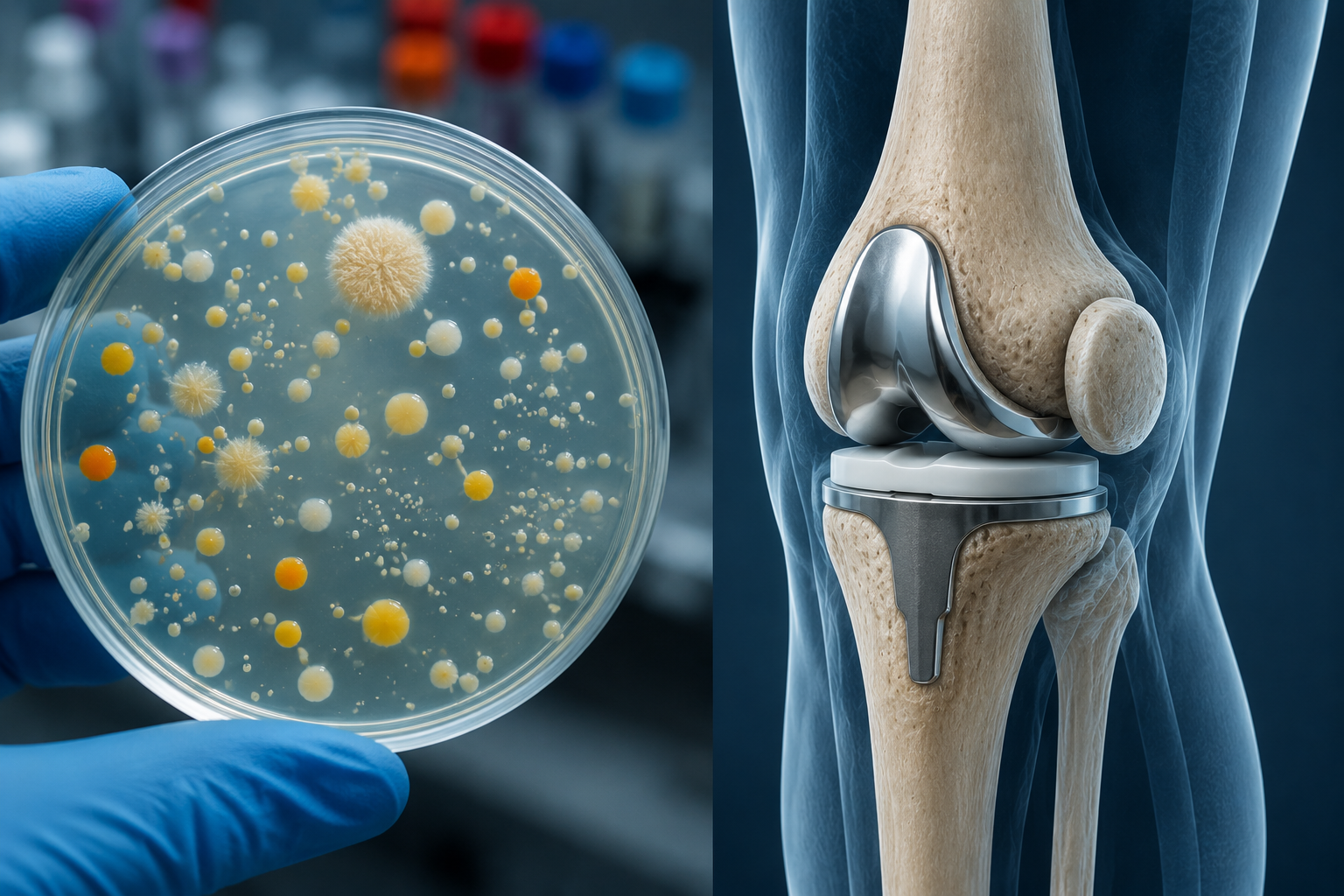 Lado izquierdo: placa de cultivo con colonias de bacterias y hongos, con una mano con guante azul sostenéndola. Lado derecho: articulación de la rodilla con reemplazo de rodilla, mostrando la parte metálica y la estructura ósea alrededor.