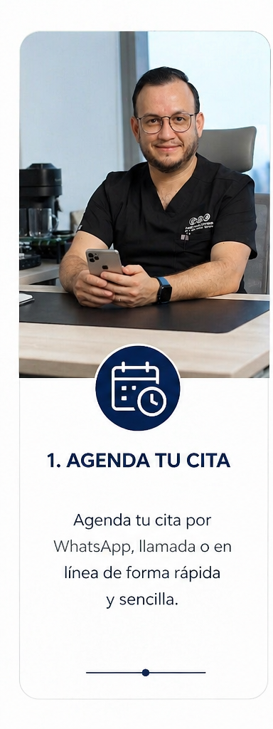 El Dr. Israel Romo en su consultorio, con un ícono de calendario y reloj y texto que invita a agendar citas fácilmente por WhatsApp, llamada o en línea en Guadalajara y Zapopan.