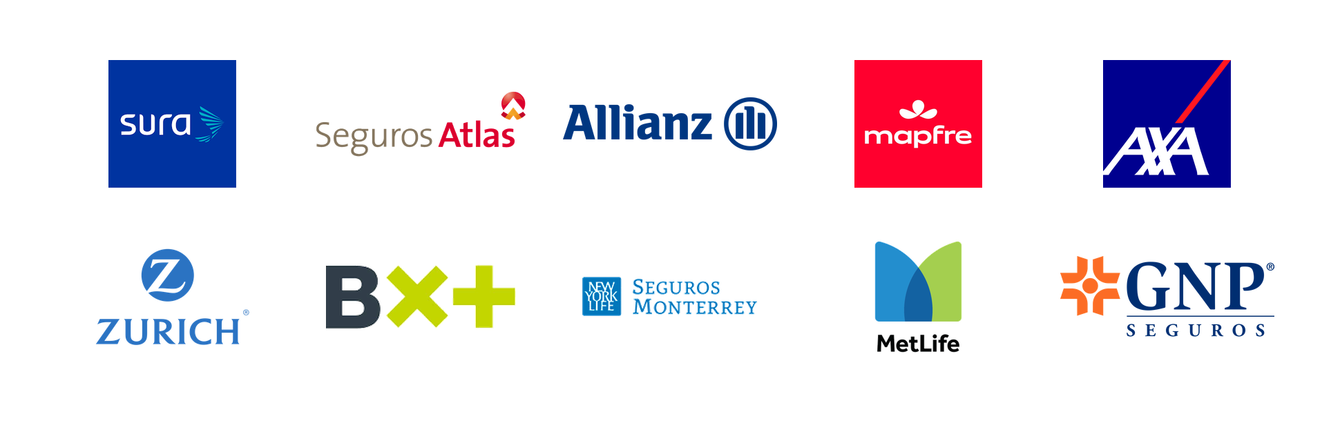 Logotipos de las aseguradoras con las que trabaja el Dr. Israel Romo, como SURA, Allianz, Mapfre, AXA, Zurich y GNP
