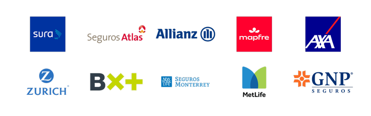 Logotipos de las aseguradoras con las que trabaja el Dr. Israel Romo, como SURA, Allianz, Mapfre, AXA, Zurich y GNP