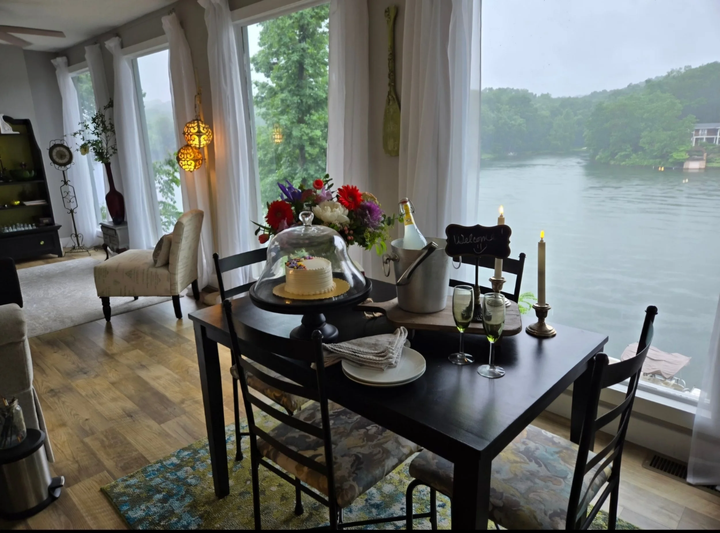 Celebration table with flowers, candles, and lake view at The Green Door on Lake Avalon. A quiet table for meaningful moments.