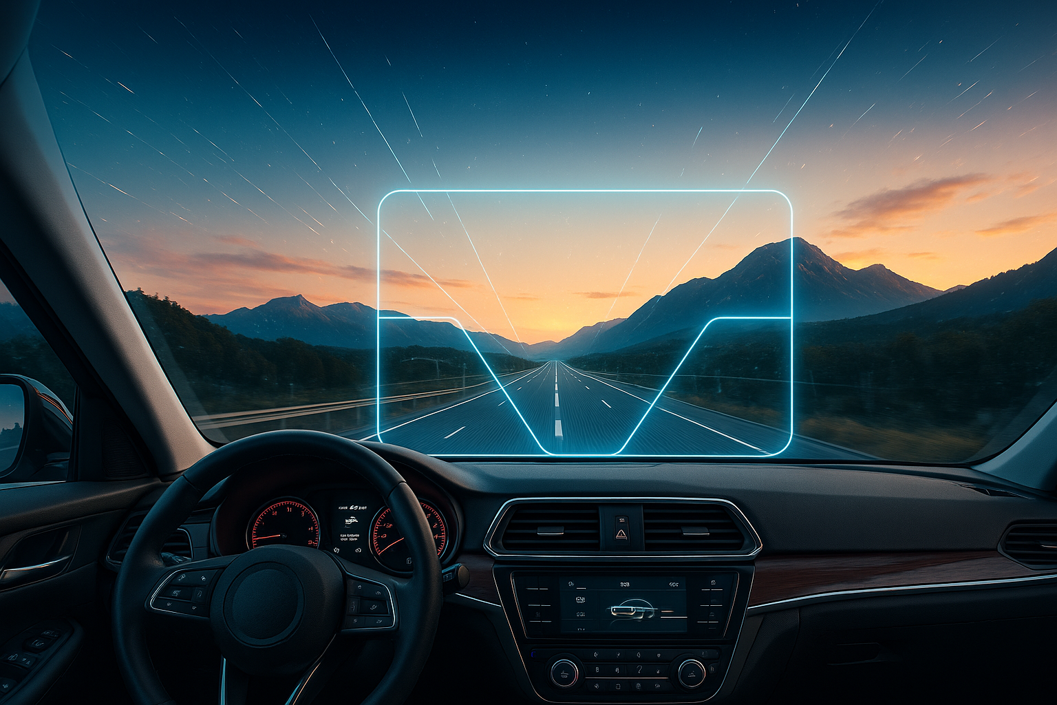 View from inside a car driving on an open highway with mountains in the background during sunset. The car has a digital heads-up display projecting navigation lines on the windshield.