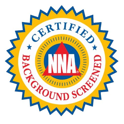 Certification badge with the words "Certified Background Screened" and the logo "NNA" in the center.
