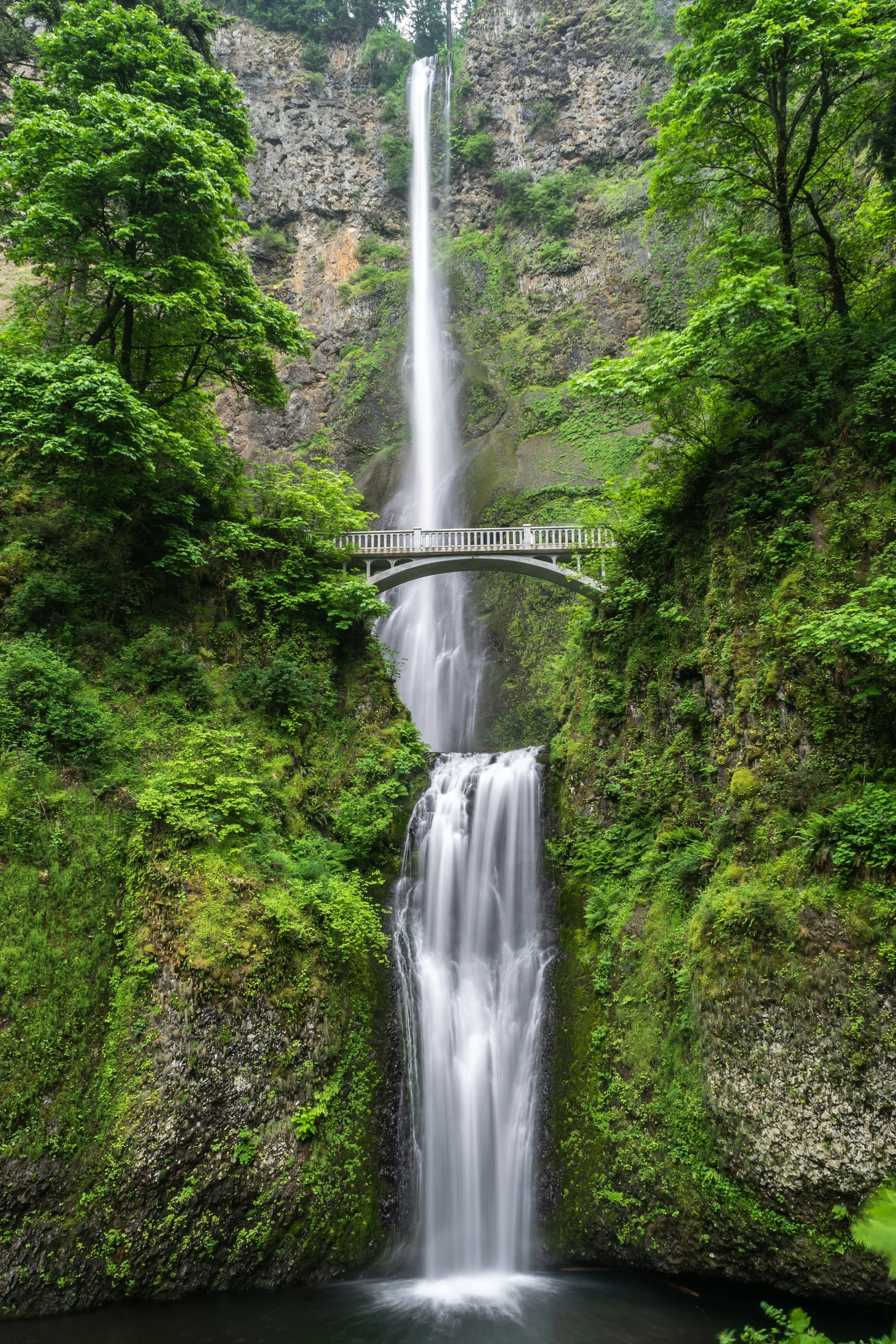 A tall waterfall cascading down a rocky, green hillside with a bridge spanning across the middle of the scene, surrounded by lush trees.