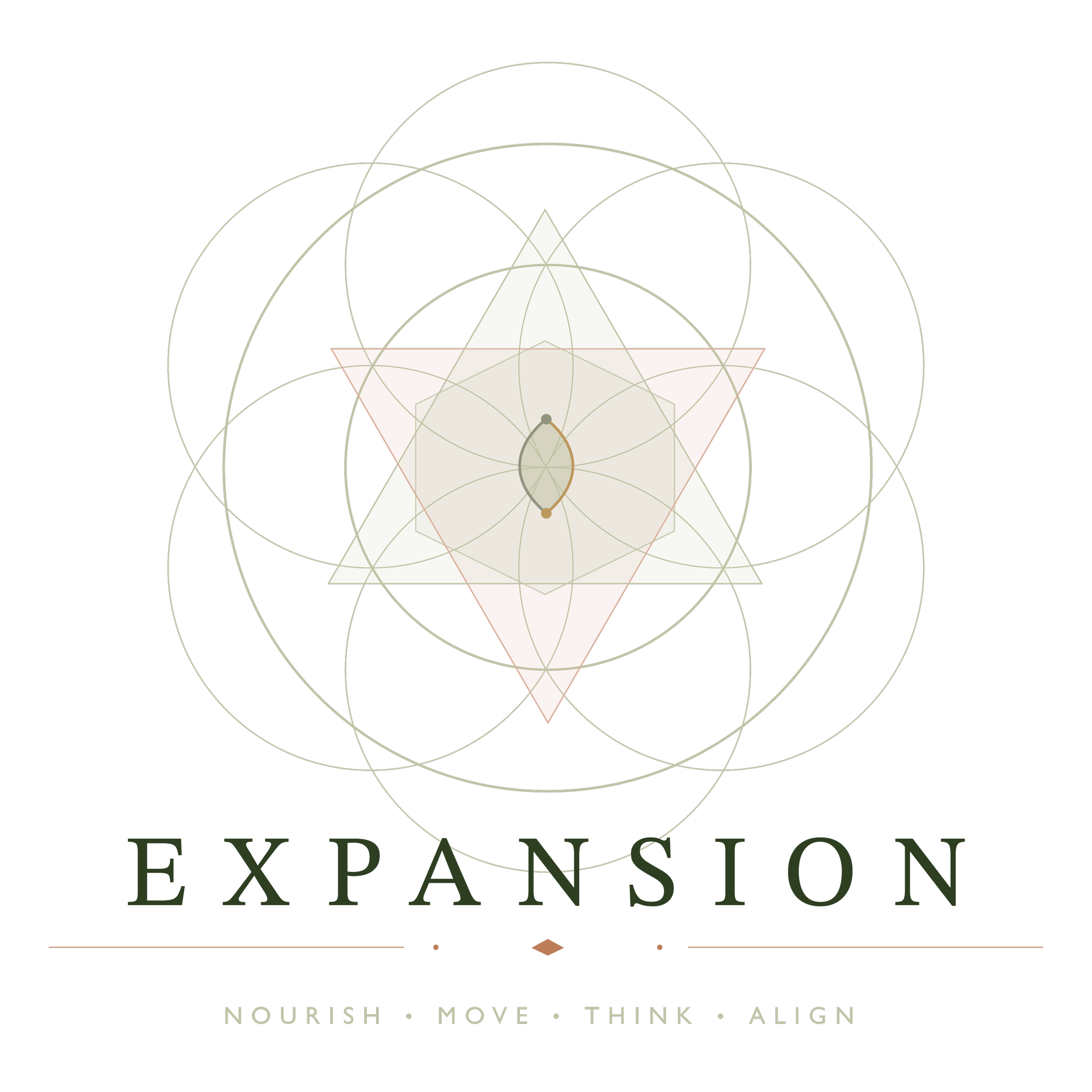 A geometric logo with overlapping triangles and circles, with text reading 'Expansion'. The phrase 'Nourish, Move, Think, Align' is at the bottom.