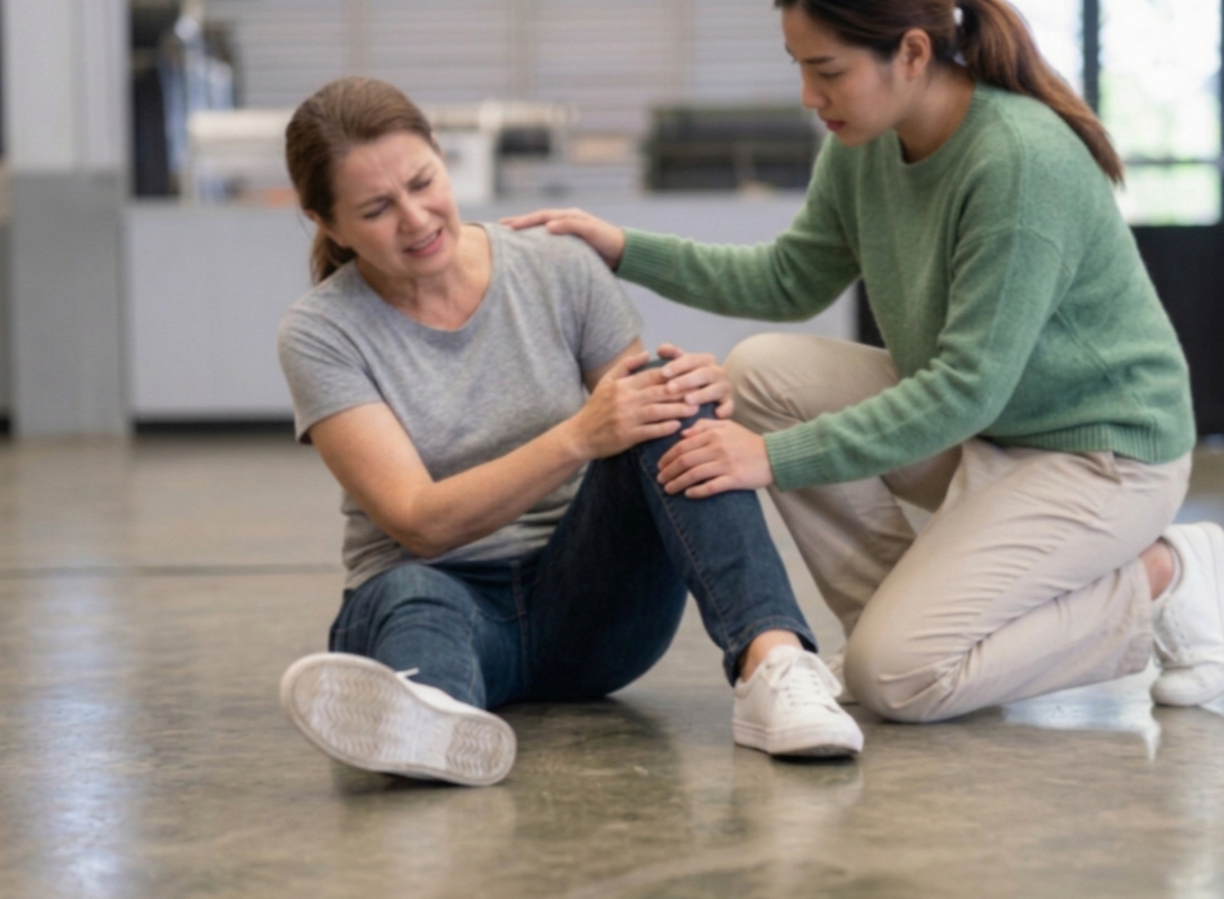 A woman is on the floor holding her knee and grimacing in pain, while another woman kneels beside her, comforting her and touching her shoulder.