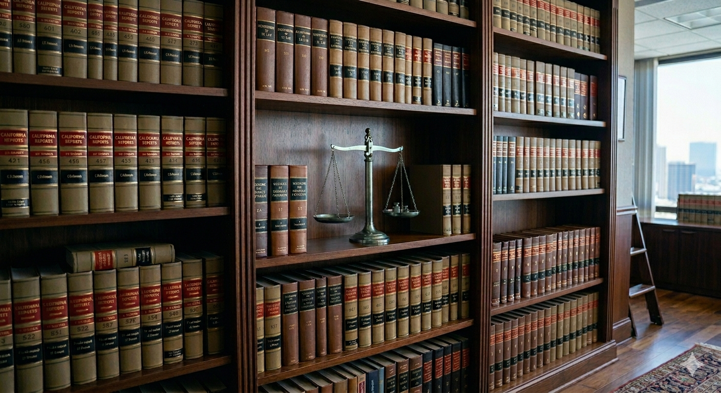 Bookshelves filled with legal books and a brass balance scale on a wooden shelf in a law library or office, with a window showing a city skyline in the background.