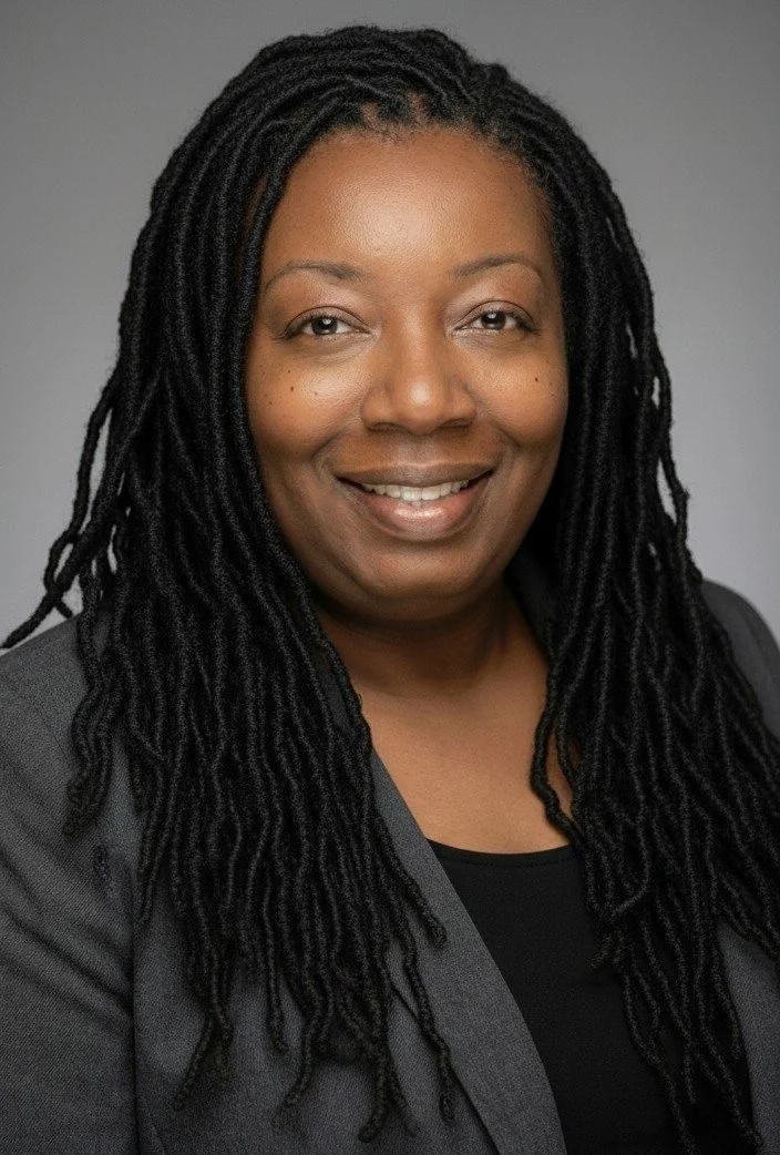 Portrait of a smiling Black woman wearing a dark blazer and black top, against a plain gray background.