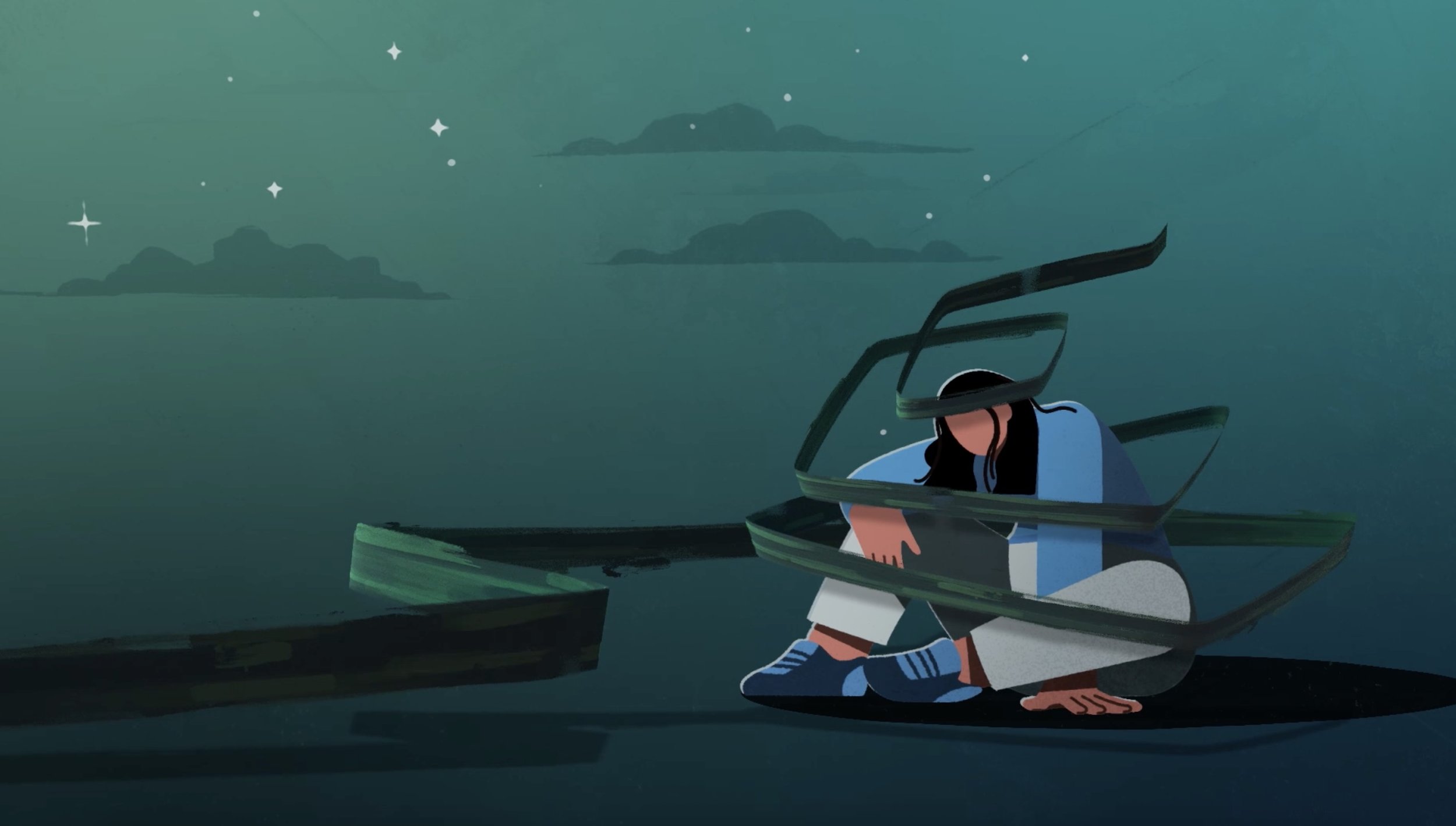Cartoon animation of a person sitting on the ground at night, with a starry sky and distant clouds or mountains in the background.