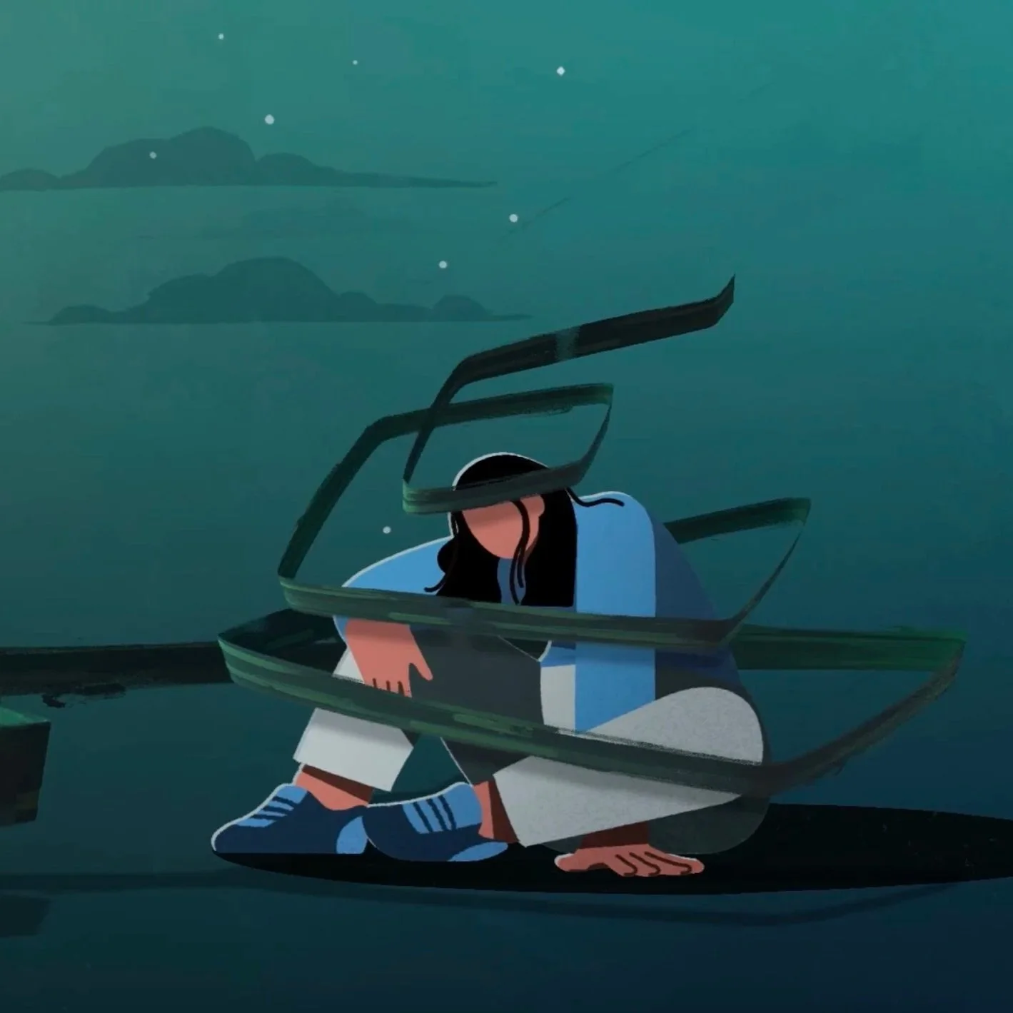 Cartoon animation of a person sitting on the ground at night, with a starry sky and distant clouds or mountains in the background. 