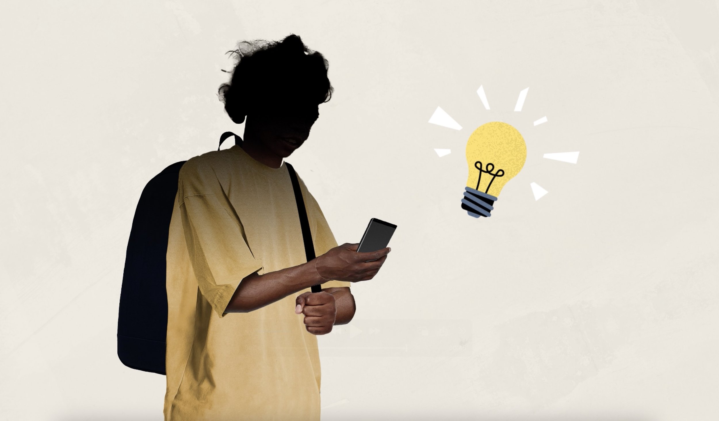 Animated silhouette of a person looking at a smartphone with a digital illustration of a yellow lightbulb glowing next to them.