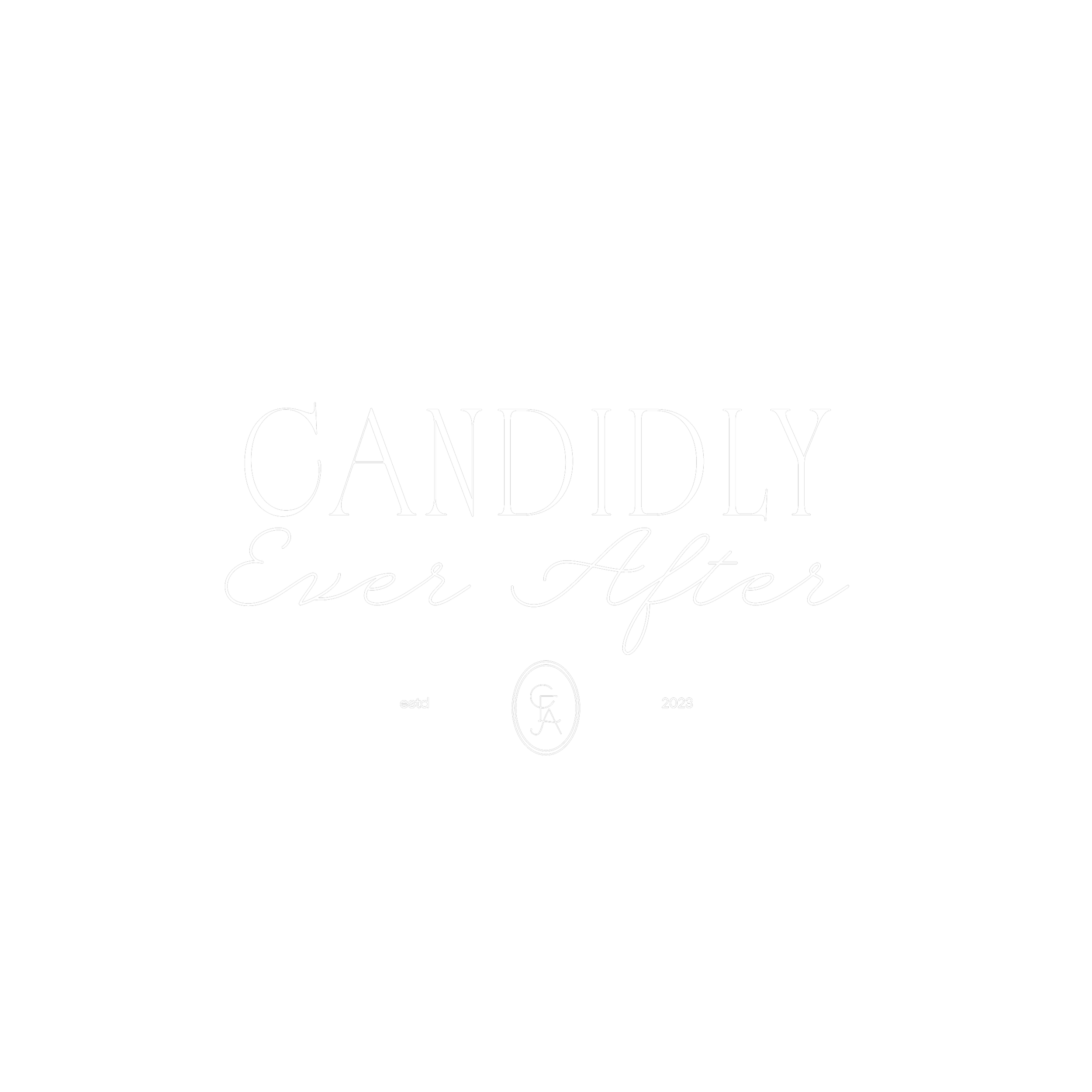 Black background with white elegant script text that reads "Candy & Ever After" and a small circular logo with initials 'G' and 'A' at the bottom.