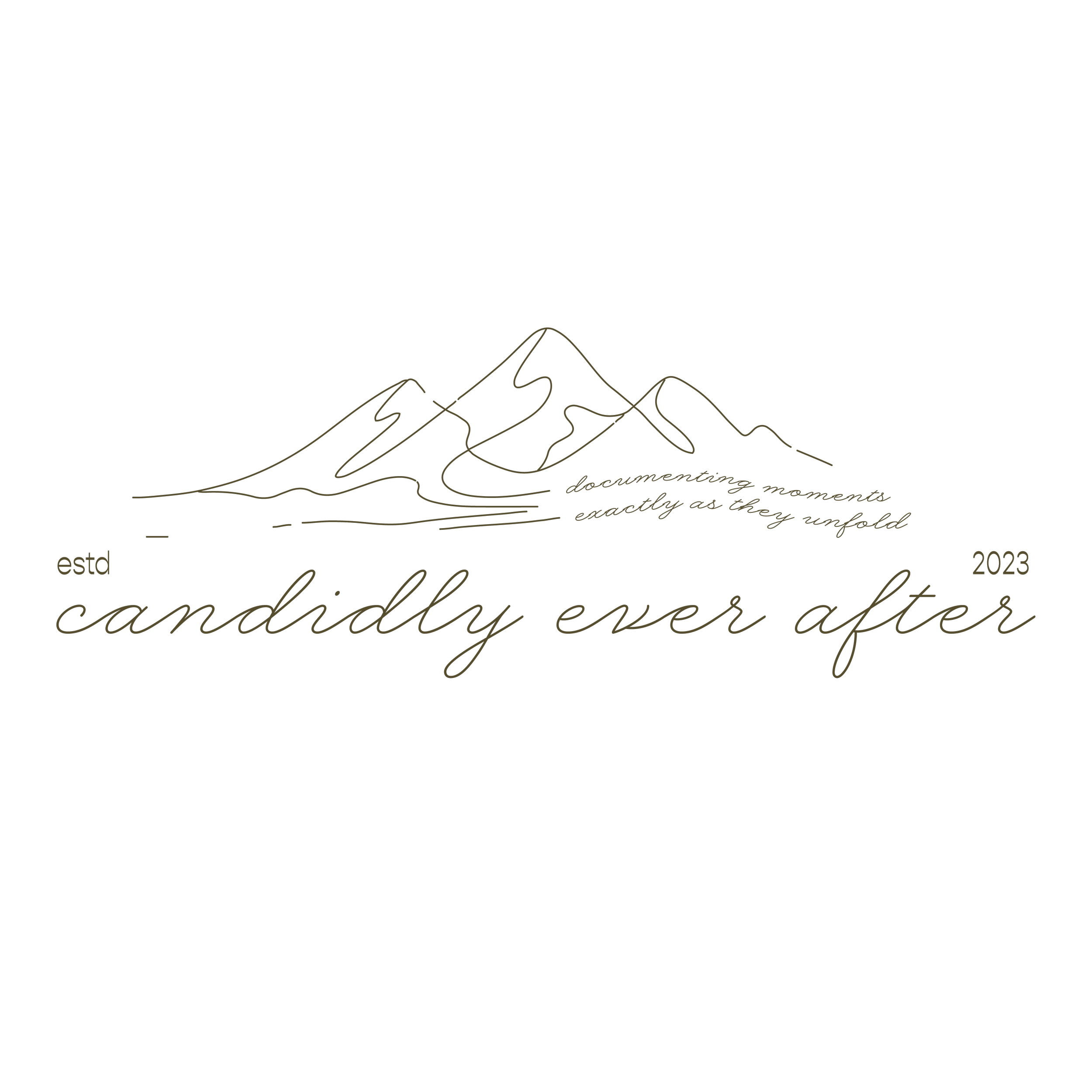 Minimalist line drawing of mountain range with text overlay that reads 'candiddy ever after' and 'documenting moments exactly as they unfold' against a black background.