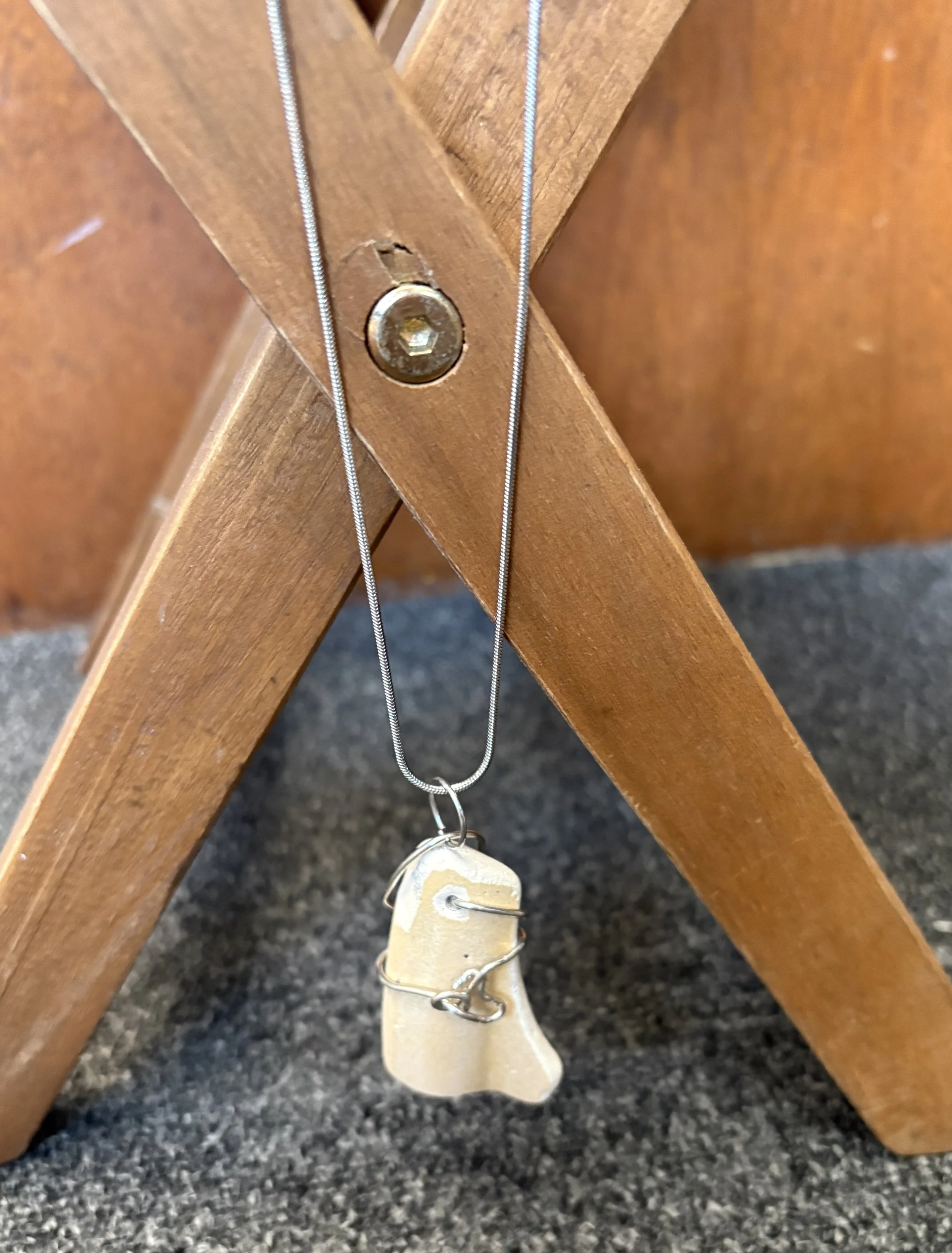 Wire Wrapped Worn Pottery Pendant on 22" Stainless Steel Snake Chain