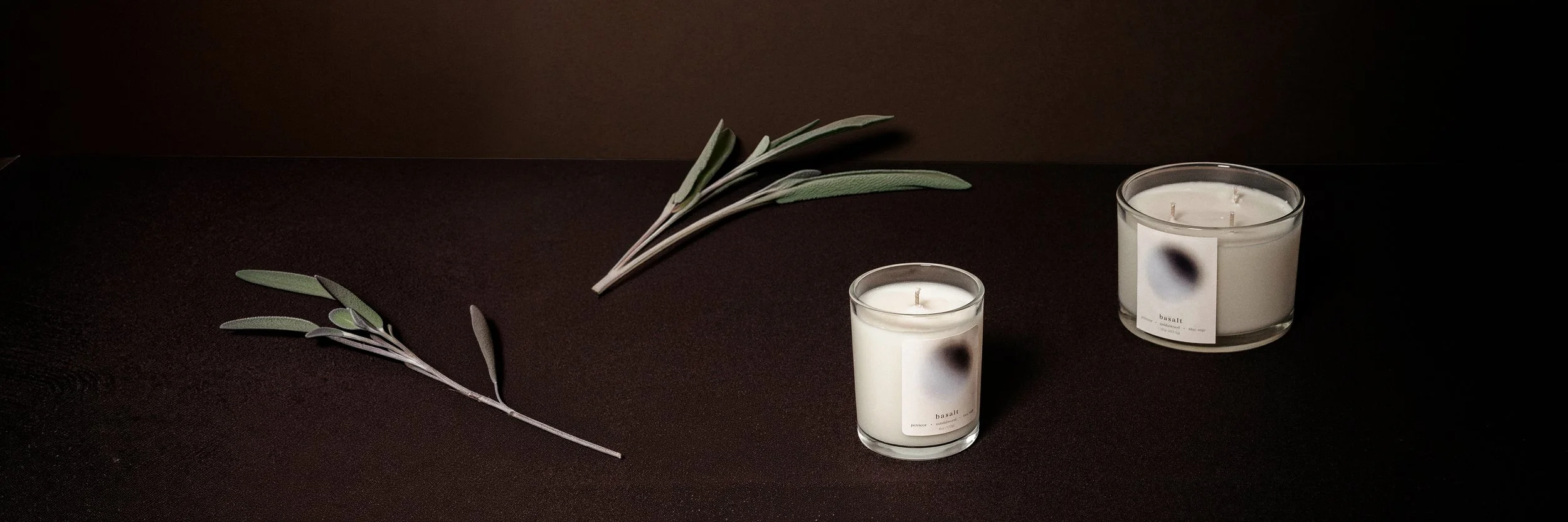 Two white candles in glass jars with labels, one larger than the other, alongside olive branch sprigs on a dark surface.