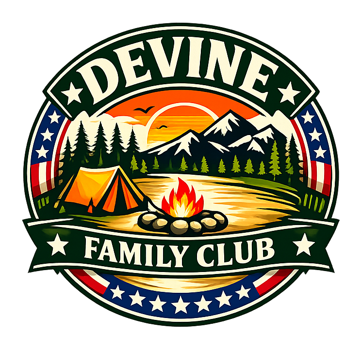 Logo for Devine Family Club featuring a camping scene with a tent, campfire, trees, mountains, and a sunset.