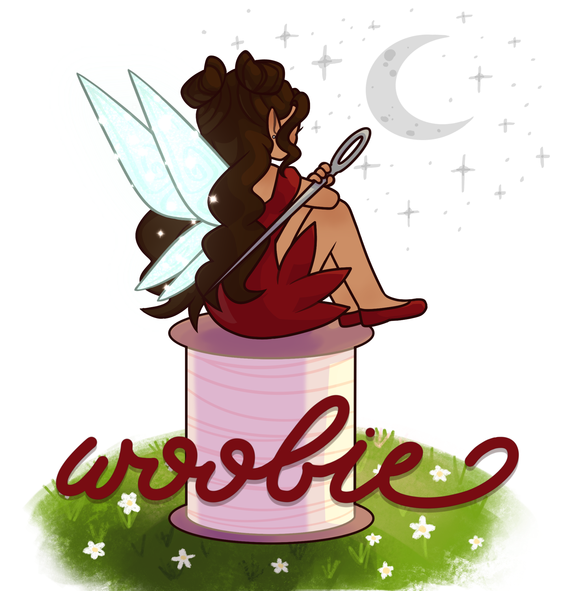 A cartoon fairy with wings sitting on a large spool of thread, holding a mirror, with a crescent moon in the night sky, and the word 'woobie' written in cursive on the grass below.