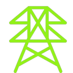 A neon green outline of an electricity pylon against a black background.