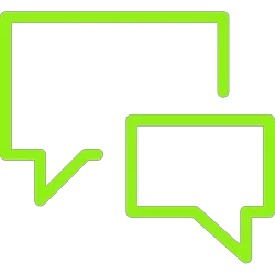 Two overlapping speech bubbles, one larger than the other, outlined in green with black interior.