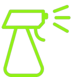 A neon green spray bottle icon with spray lines indicating it is spraying.