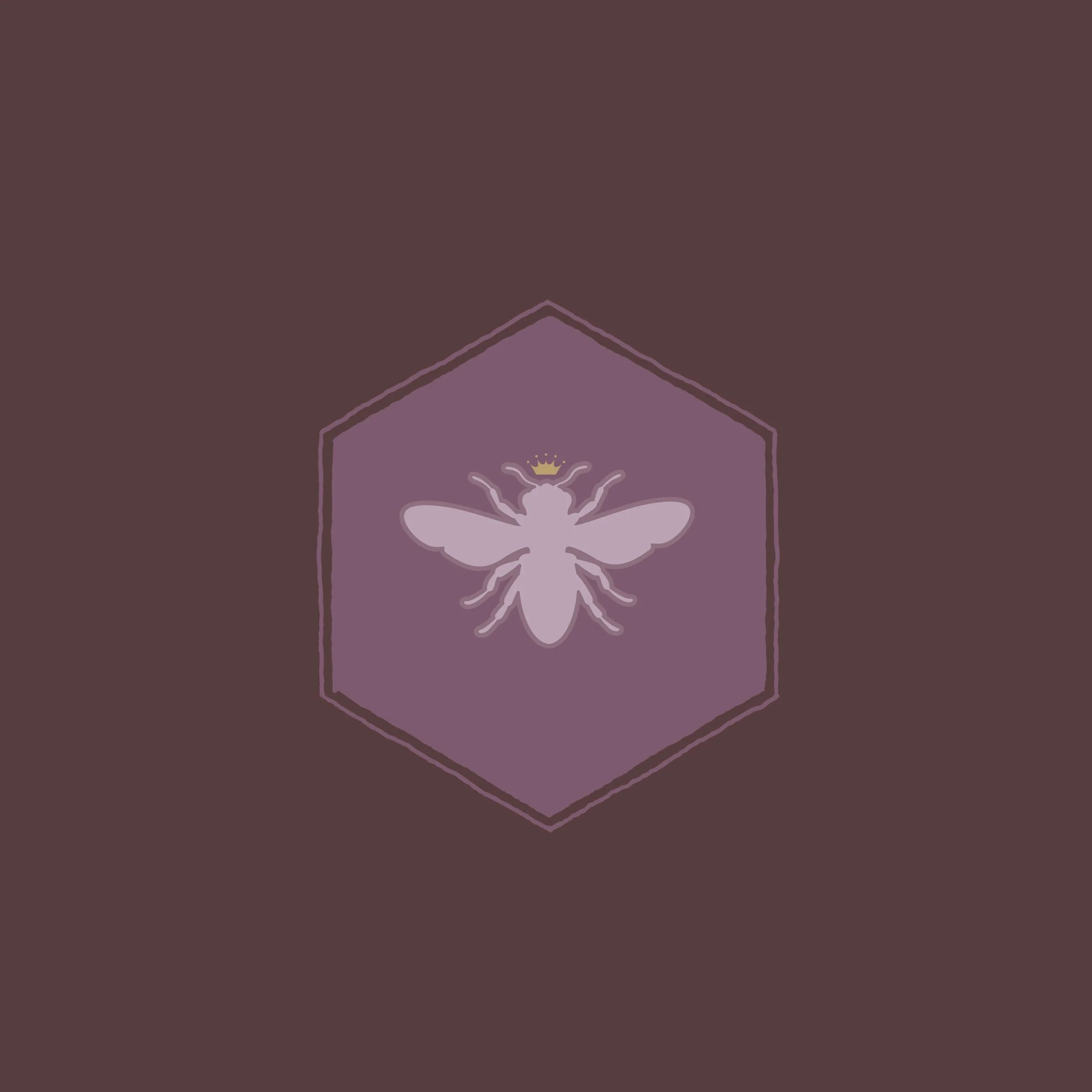 Close-up of a purple and brown colored design featuring a white butterfly with a small golden crown on top of its head, set against a purple background withinwards a brown outline.