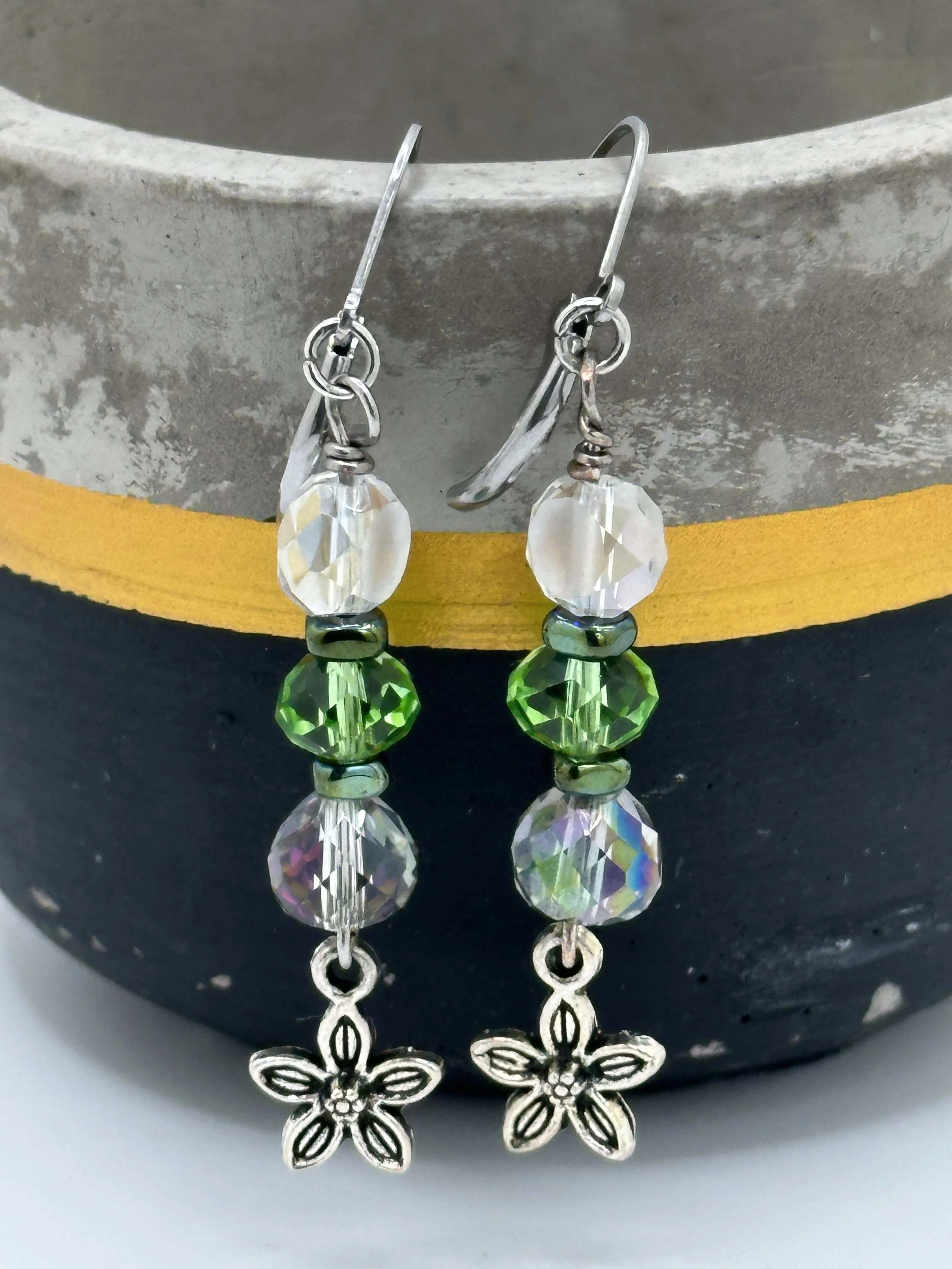 Elegant Green Crystal Earrings with a dangling flower