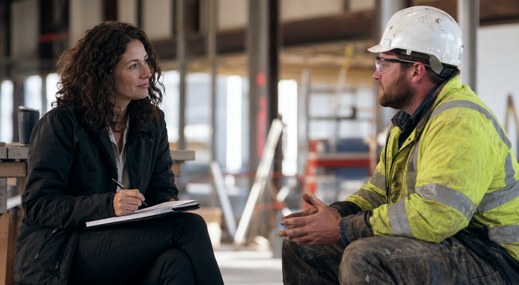 A researcher is talking to a worker while taking notes