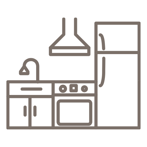 Line drawing of a kitchen with a sink, stove, oven, range hood, and refrigerator.
