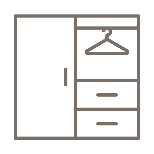 Outline of a closet with sliding door, hanging rod with a hanger, and two drawers.