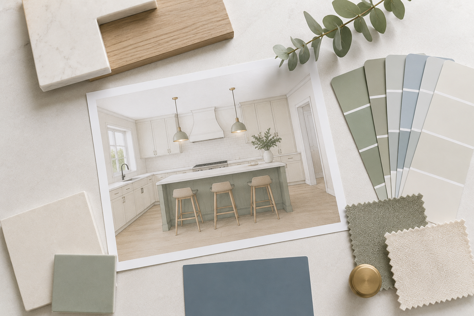 Design concept photo for a kitchen, featuring a printed image of a kitchen with white cabinets, a green island, pendant lights, and wooden stools, surrounded by color swatches, fabric samples, a gold round object, and marble and wood sample tiles on a neutral background.