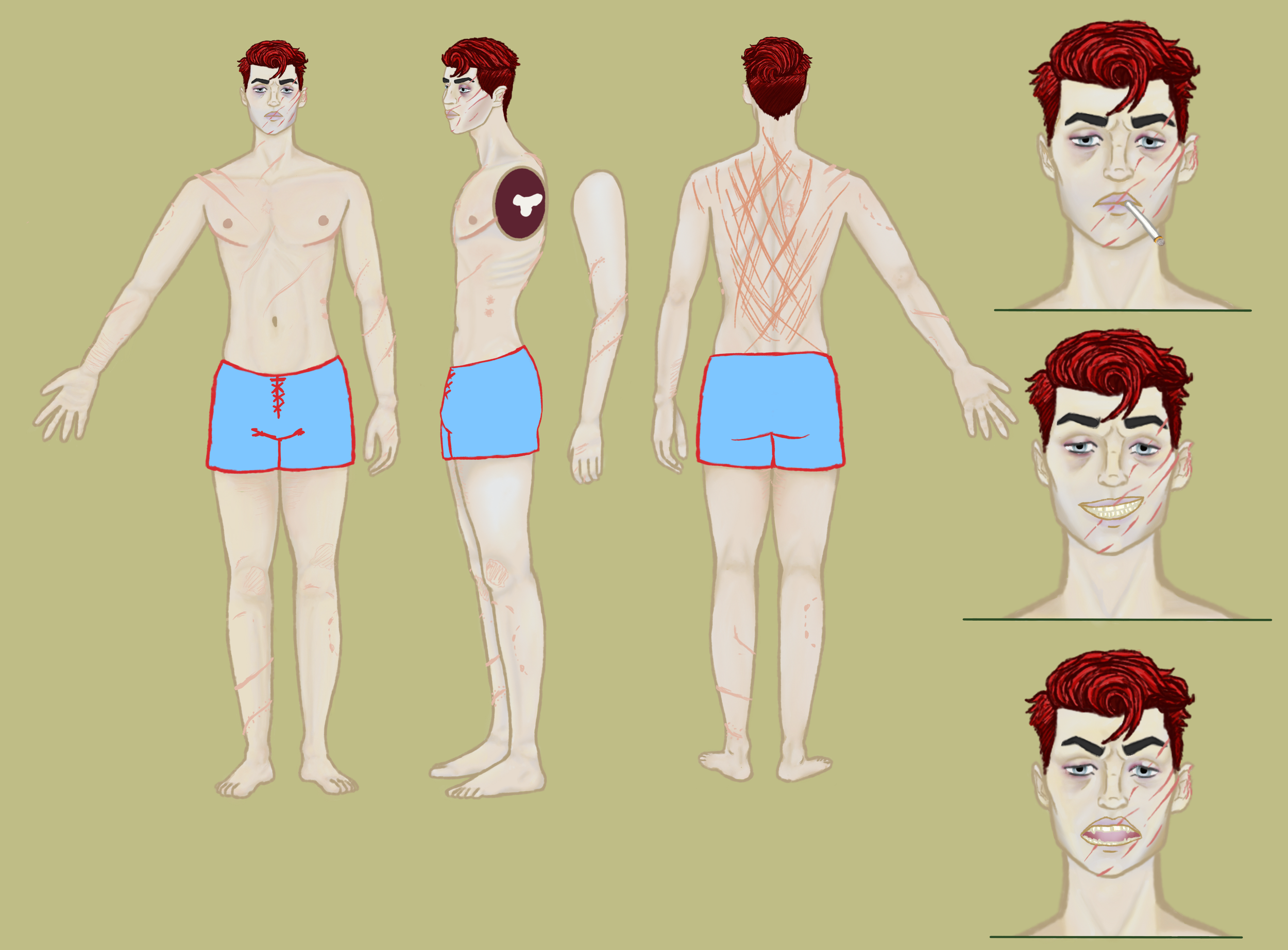 An illustrated character sheet of a young man with red hair, showing front, side, and back views, with blue shorts. Additional close-up images of his facial expressions include smoking, smiling, and making a grimace, with detailed facial scars and expressions.