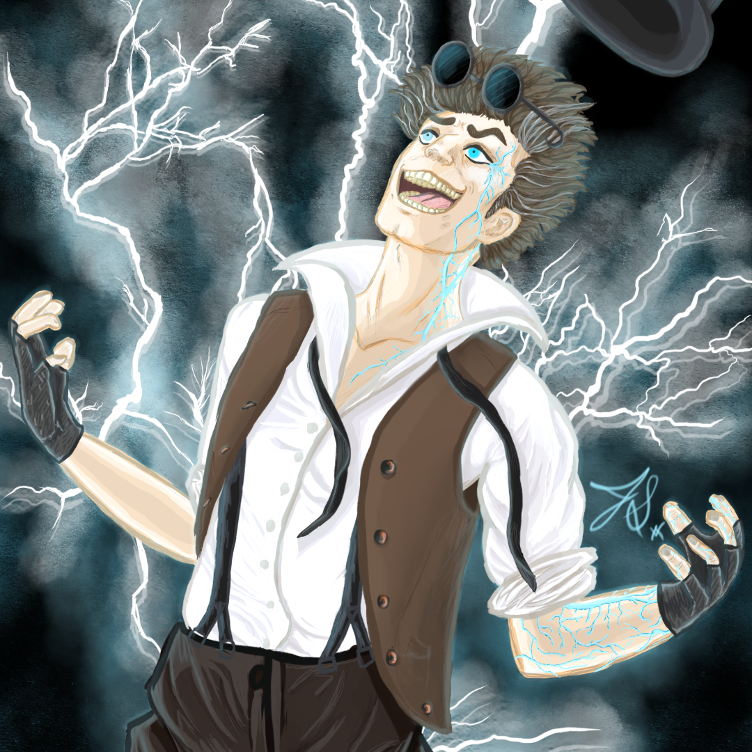 A man with blue eyes and wild gray hair laughing amid stormy weather with lightning, wearing goggles, a brown vest over a white shirt, with visible blue lightning streaks on his face and arms.