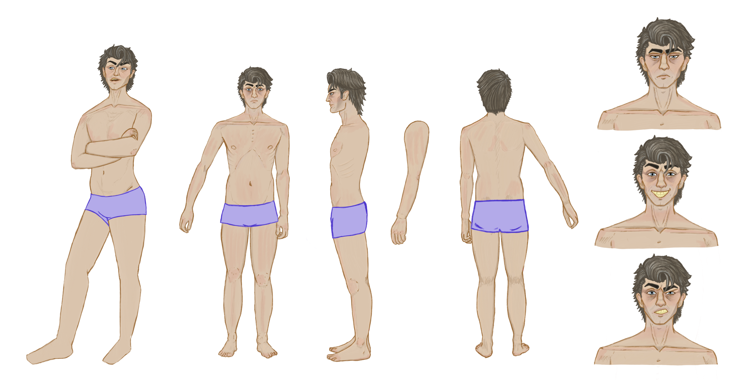 Character model sheet of a young man with dark, wavy hair in various poses and facial expressions, wearing purple shorts, seen from multiple angles including front, side, and back, with detailed facial expressions showing different emotions.