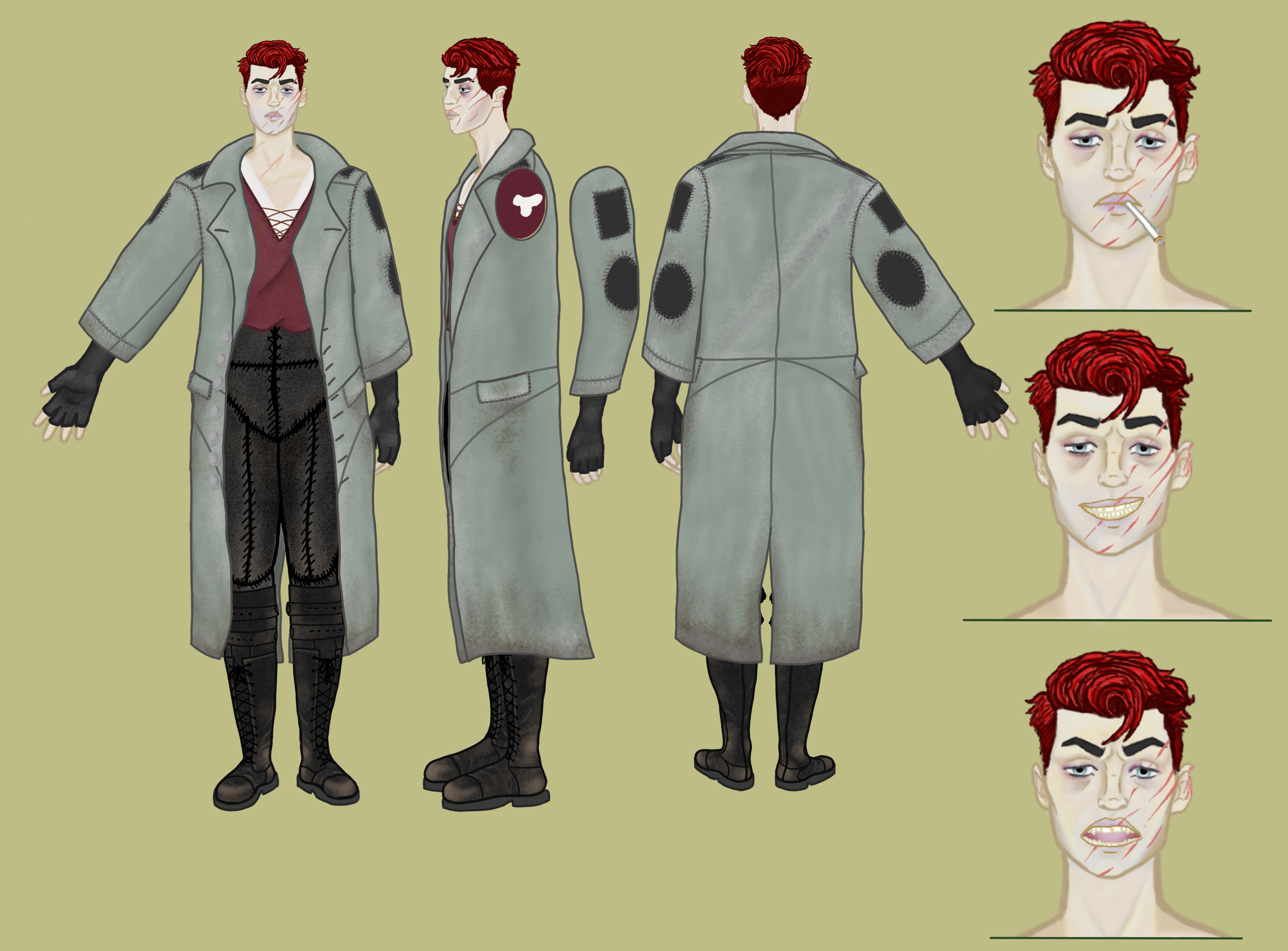 Illustration of a male character with red hair in various poses and facial expressions, wearing a long gray coat, black gloves, and boots, depicted from multiple angles. Includes close-up shots showing different facial expressions, one with a cigarette in his mouth.