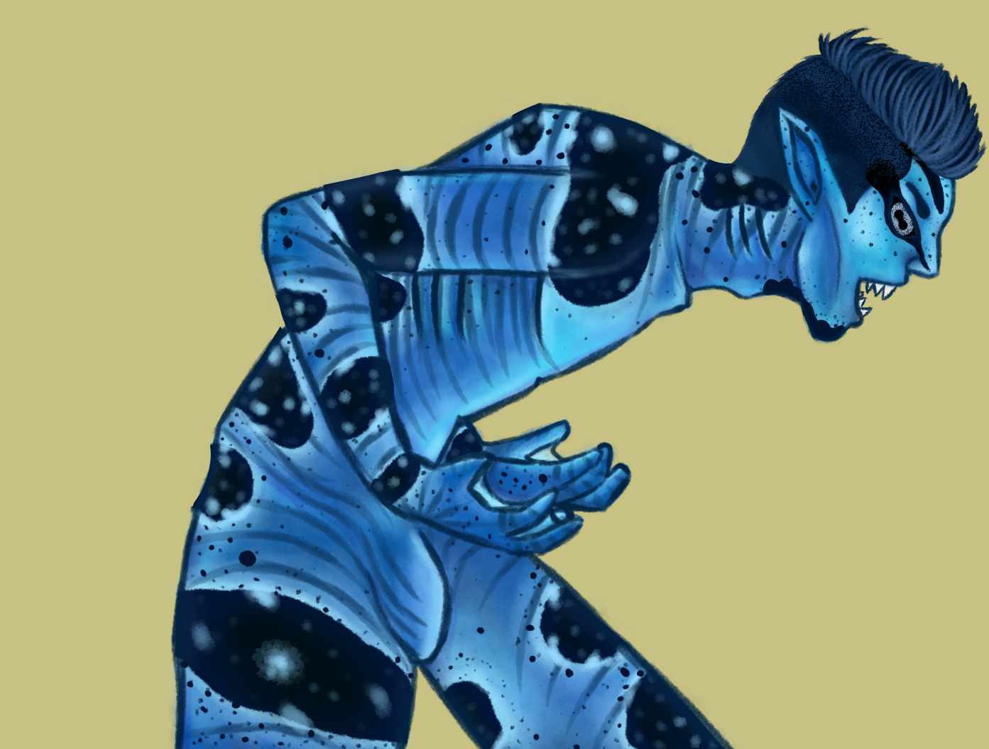 Digital illustration of a blue, muscular humanoid creature with tiger-like stripes and spots, sharp teeth, pointed ears, and spiky hair, set against a plain beige background.
