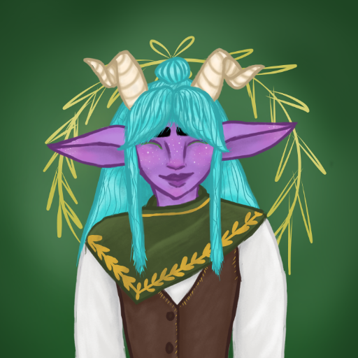 A fantasy character with purple skin, blue hair, elf-like ears, horns, and a halo made of golden branches, wearing a green and white outfit with gold details, set against a green background.