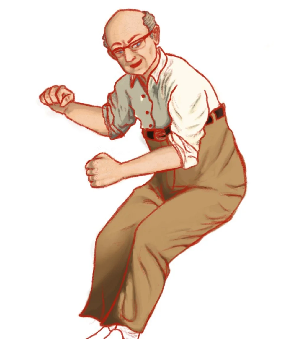 Cartoon image of an elderly man with glasses, wearing a white shirt and khaki pants, leaning over while skateboarding, smiling.