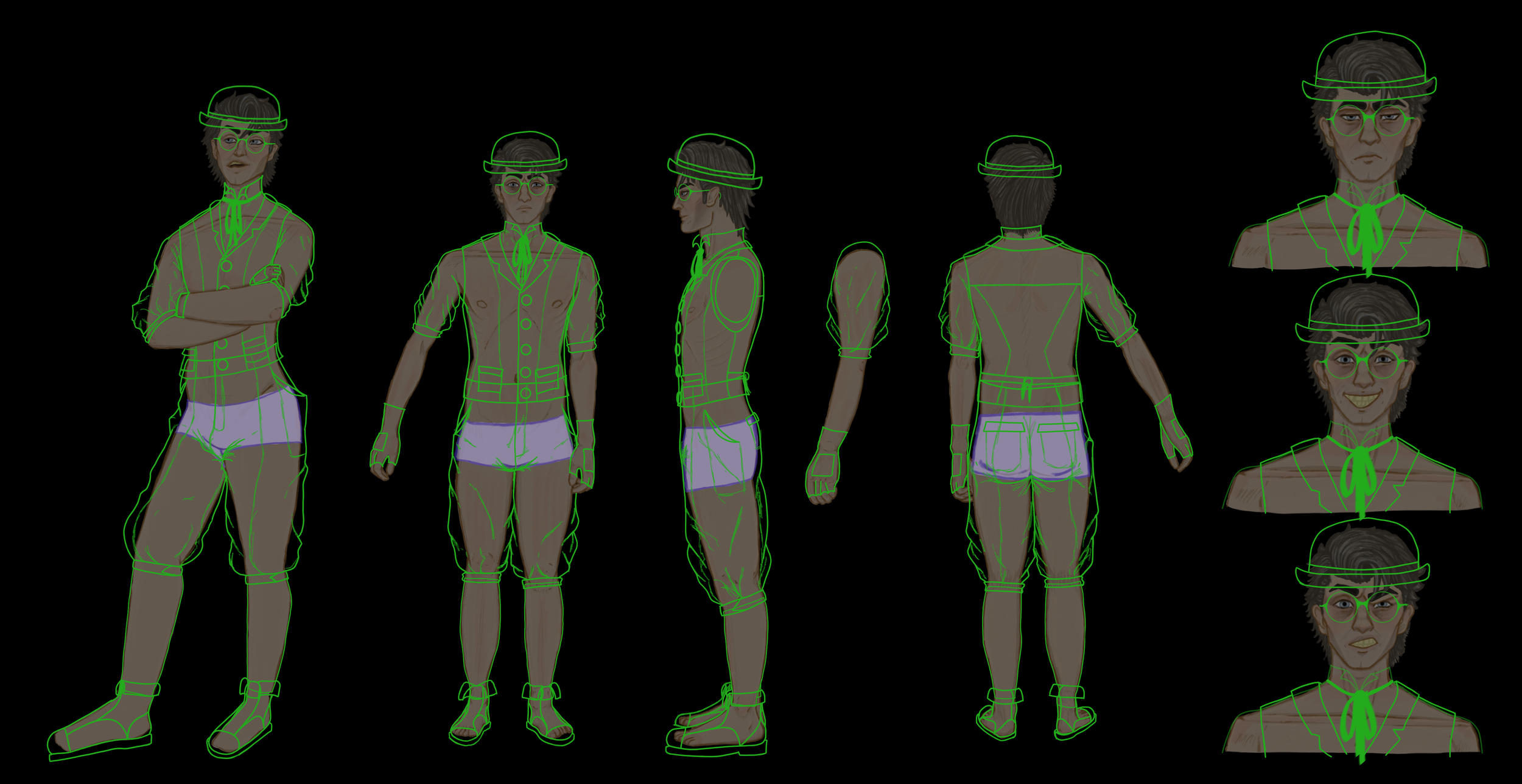 Character turnaround of a person with short gray hair, glasses, a hat, dressed in a buttoned shirt with rolled-up sleeves, shorts, and sandals, with sketches and different facial expressions shown on the right.