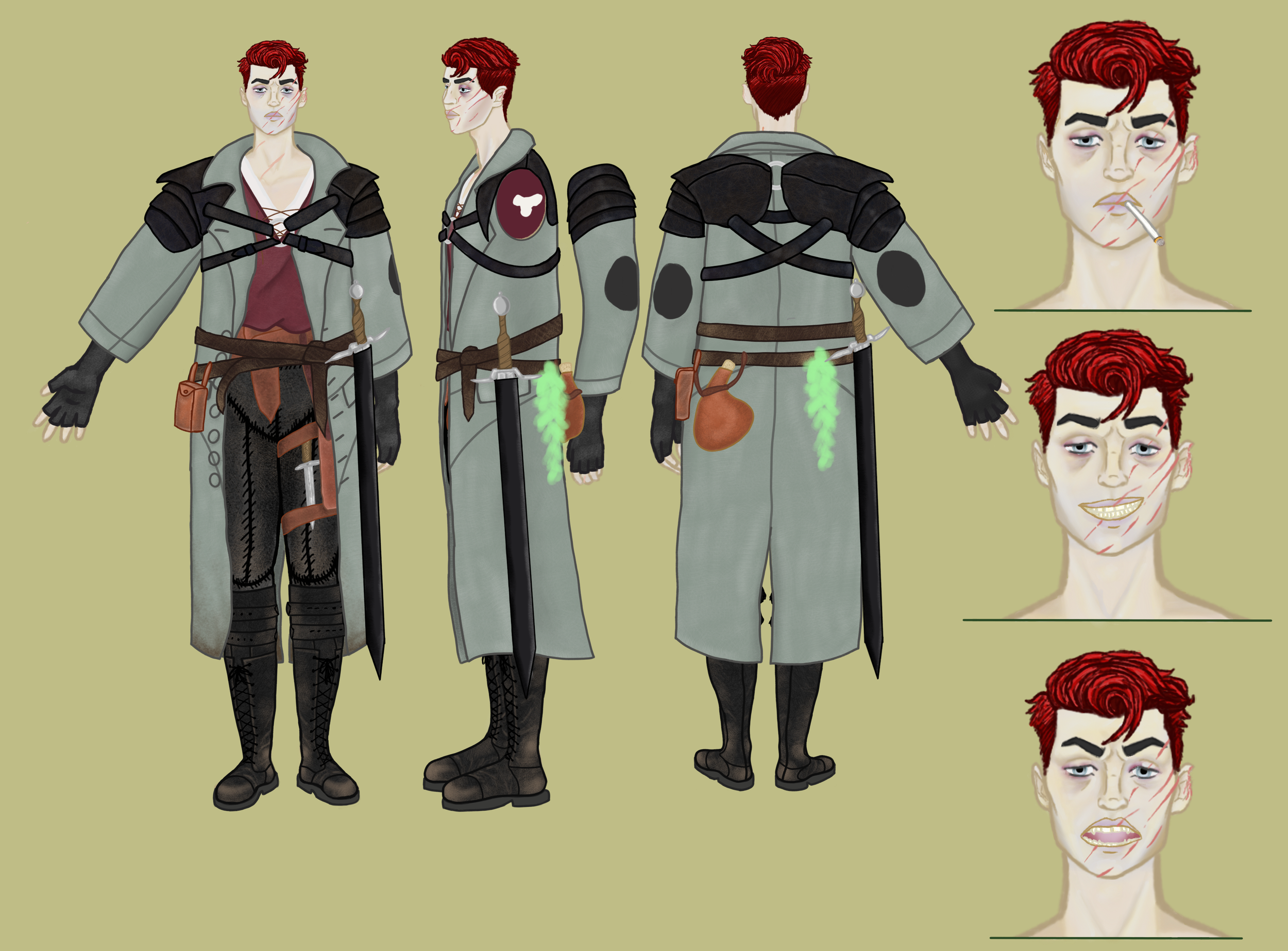 Character concept art of a male warrior with red hair in a green and black armor, shown from front, side, and back views, with caricature facial expressions displaying different moods and injuries.