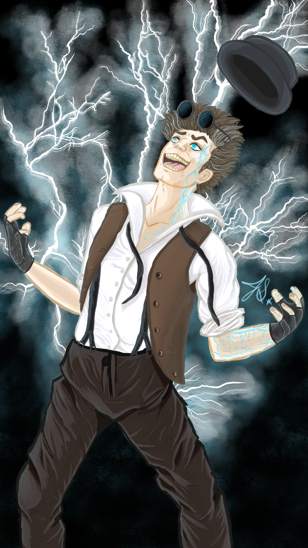 A person with blue eyes and lightning bolts on their face and arms, wearing goggles, a white shirt, a brown vest, and black gloves, stands with arms outstretched under a stormy sky with lightning.