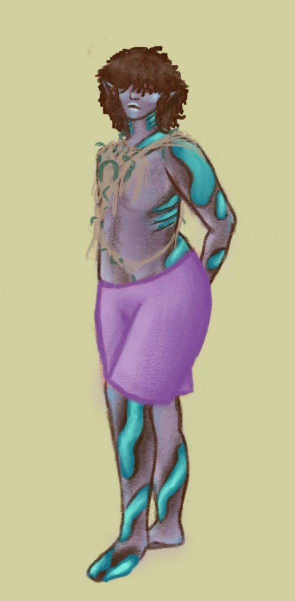 A digital illustration of a frog humanoid with dark, textured hair and blue markings on their skin. They are wearing purple swimtrunks and a fishnet across their chest.