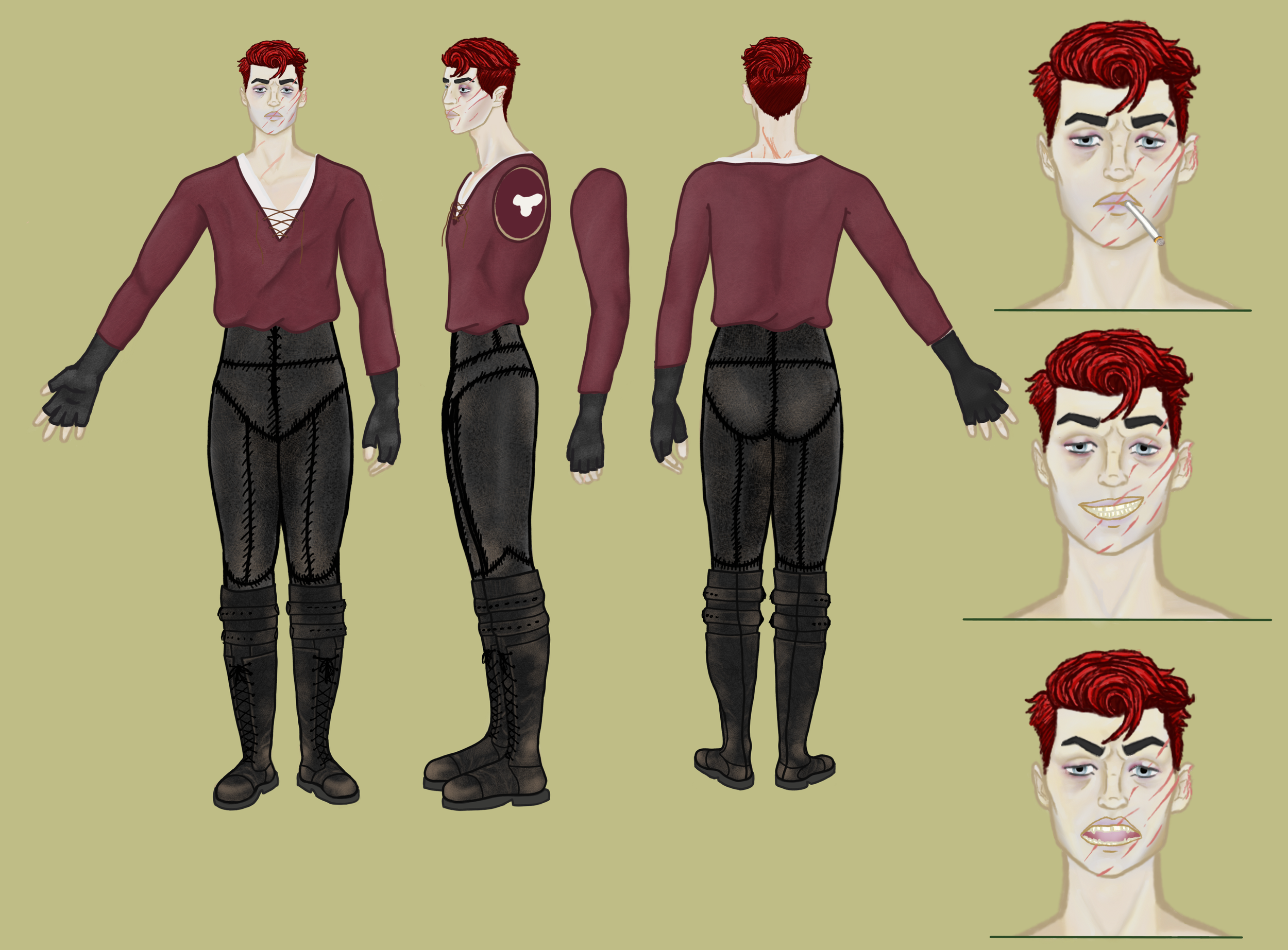 Character sheet of a punk male character with red hair, multiple facial scars, and unconventional clothing. The character is depicted from front, side, and back views, wearing a maroon long-sleeve shirt with lace-up detail, black pants with visible stitching, and tall black boots with laces. Facial expressions vary from neutral to smirking and angry, with additional close-up shots showing him smoking a cigarette, winking, and making angry faces.