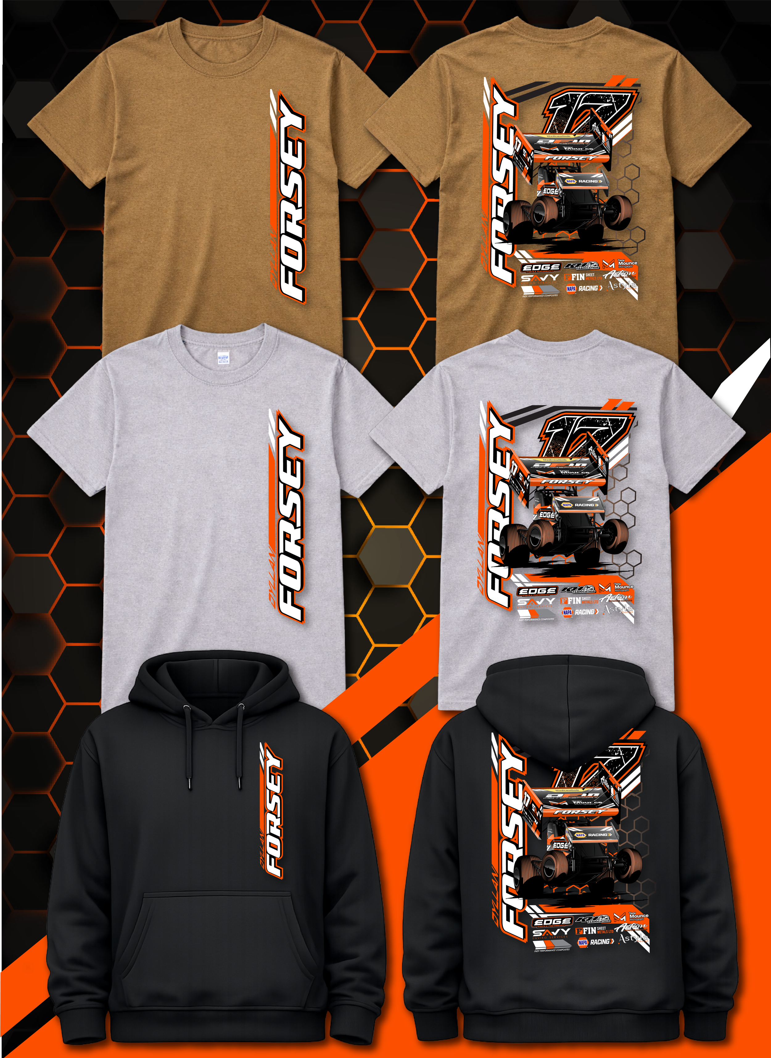 Display of four T-shirts and two hoodies with a racing theme, featuring the text 'FORSY' and a graphic of a race car, set against a black and orange honeycomb background.