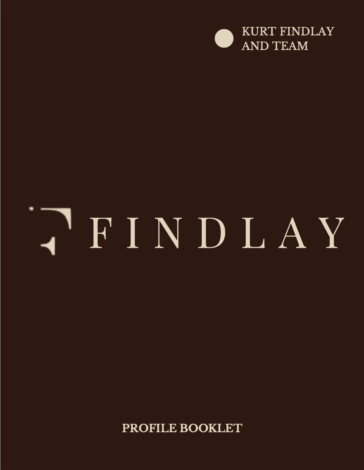 Cover of a profile booklet for Kurt Findlay and team, with a dark brown background and cream-colored text.