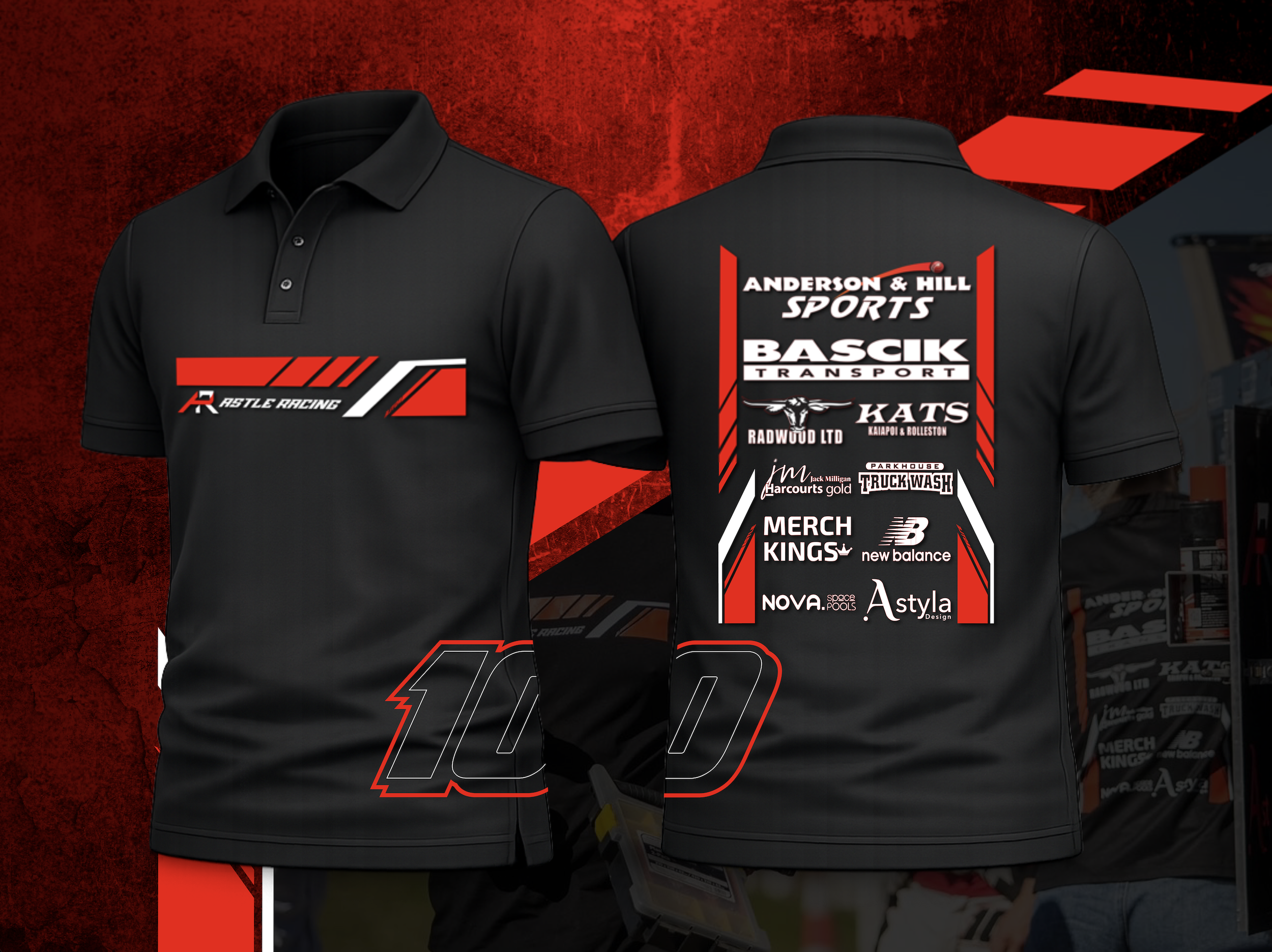 Black racing polo shirt with red and white graphics and sponsor logos from the front and back. The front features a stylized logo and text 'R Roast Racing.' The back displays multiple sponsor names and logos, including Anderson & Hill Sports, Bascik Transport, KATS, Radwoud Ltd, among others.