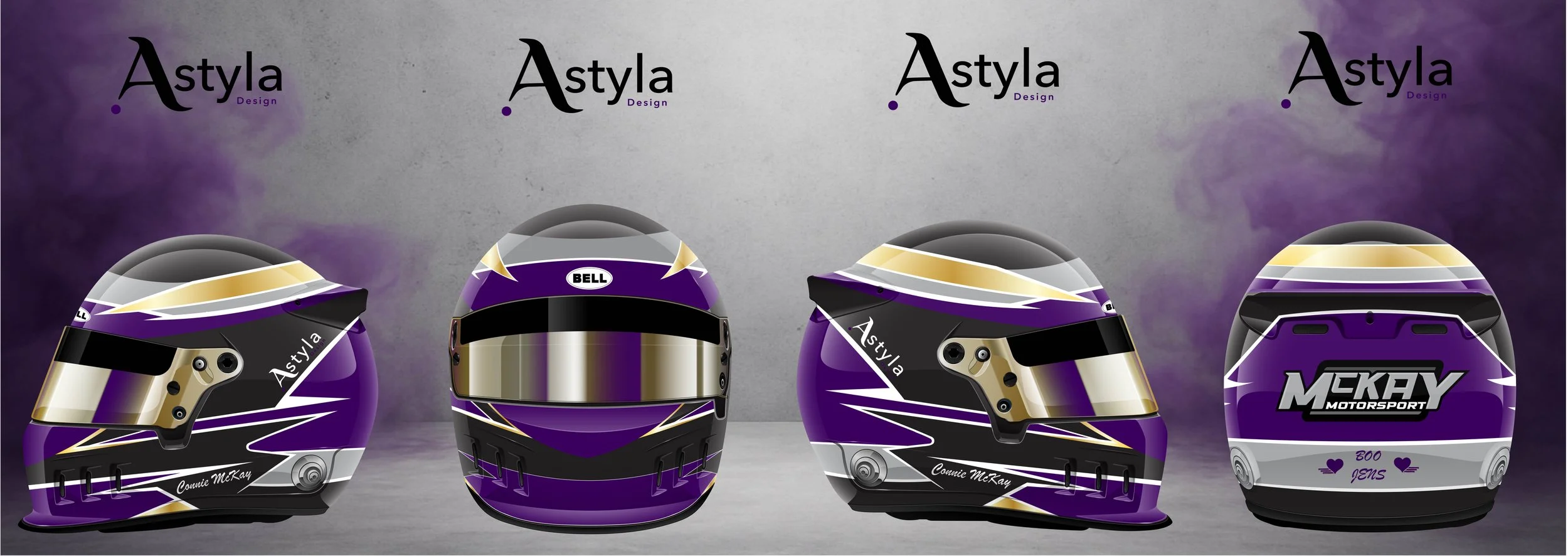 An arrangement of four purple racing helmets with black, white, gray, and gold accents, featuring designs and text, displayed against a gray background with the "Astyla Design" logo repeated at the top.