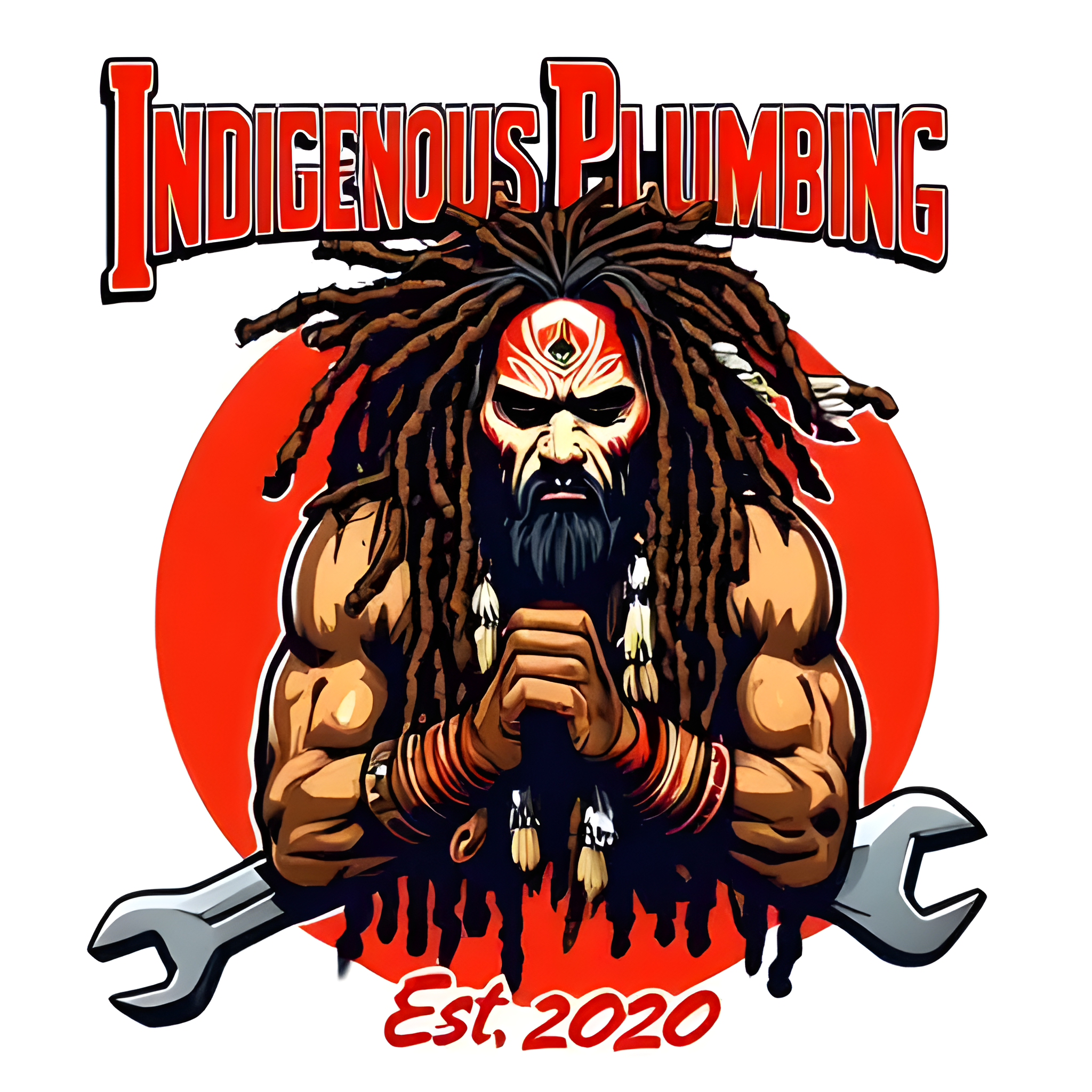 Logo for Indigenous Plumbing featuring a muscular Indigenous man with dreadlocks, face paint, and traditional accessories, holding a wrench, with a red circle background and the text "Indigenous Plumbing" and "Est. 2020."