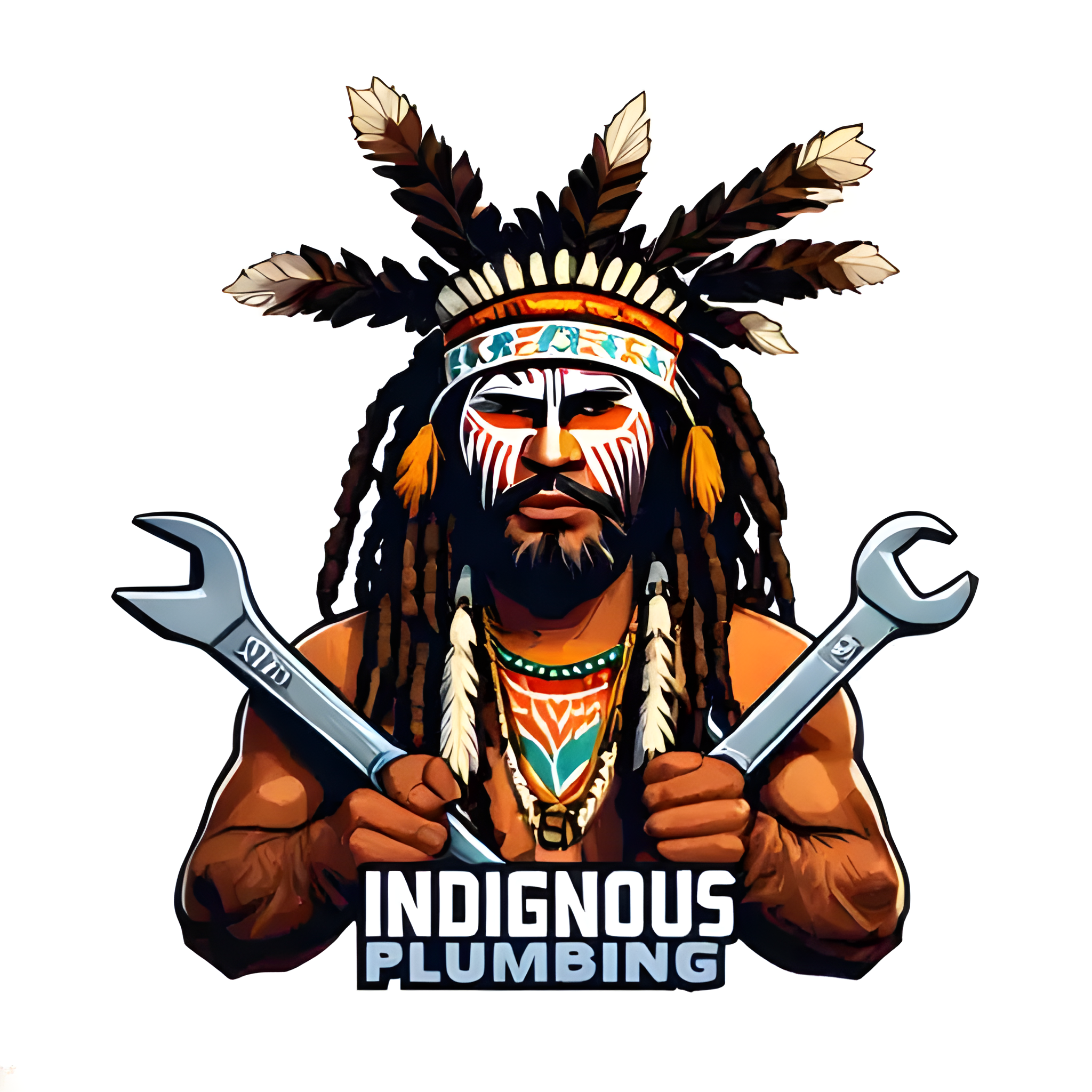 Illustration of an Indigenous person with traditional face paint, wearing a feather headdress, holding two wrenches, with the text "Indigenous Plumbing" at the bottom.